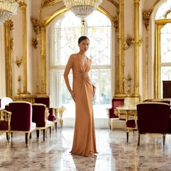 NWT Ralph Lauren Bronze Gold Women's V neck Twist Front Long sleeve Gown SZ 8 - Picture 7 of 7